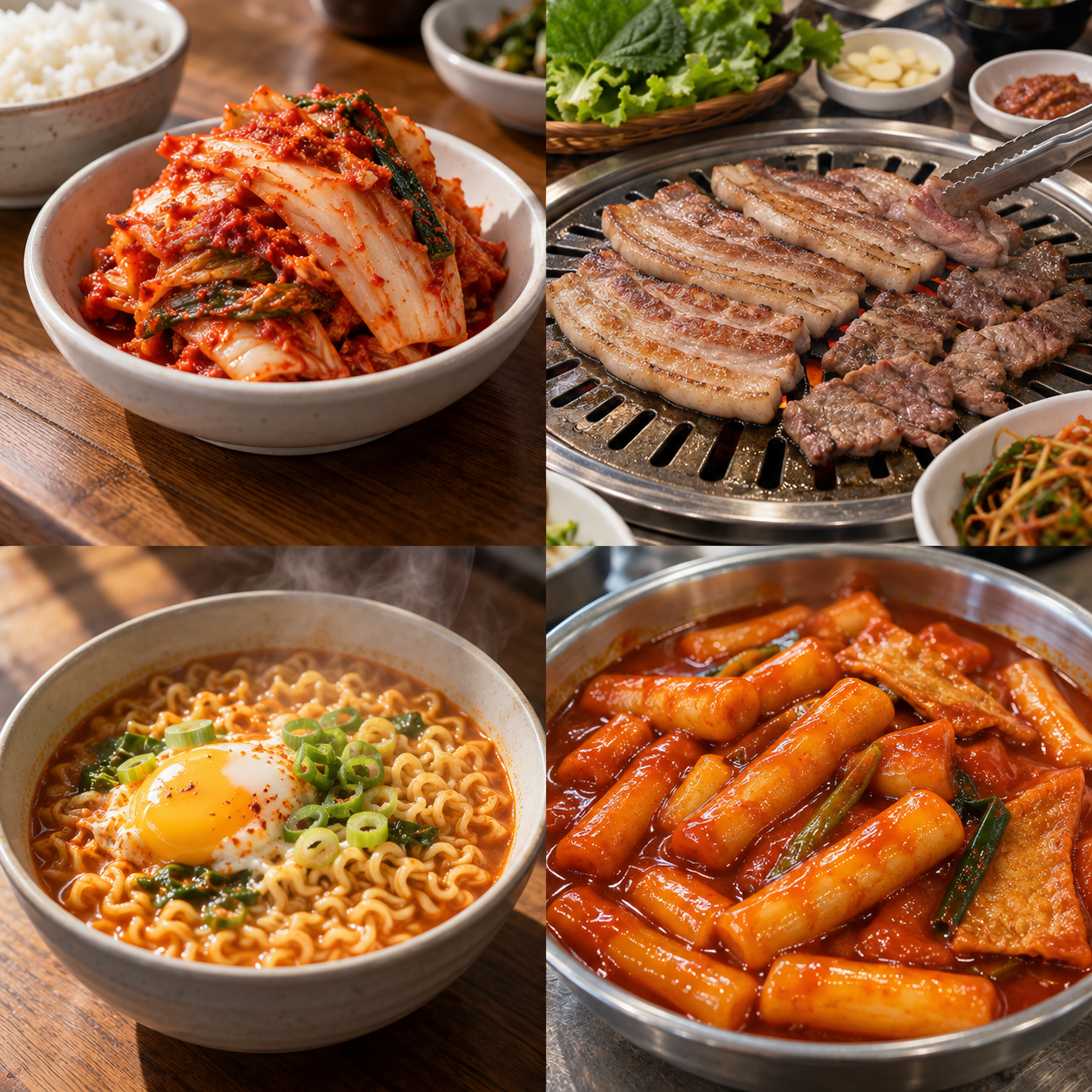 キムチ・韓国焼肉・ラーメン・トッポッキの4場面のAI参考画像