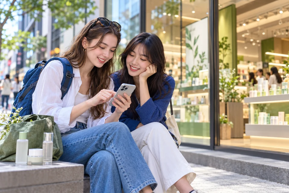 韓国の宿泊先から美容ショッピングを計画する外国人旅行者の構想イラスト。取得した位置情報、現在の在庫、計測済みの周辺結果ではありません